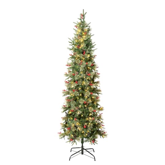 7.5ft. Pre-Lit Feel-Real&#xAE; Virginia Pine Slim Artificial Christmas Tree with Berries &#x26; Pinecones, Warm White LED Lights